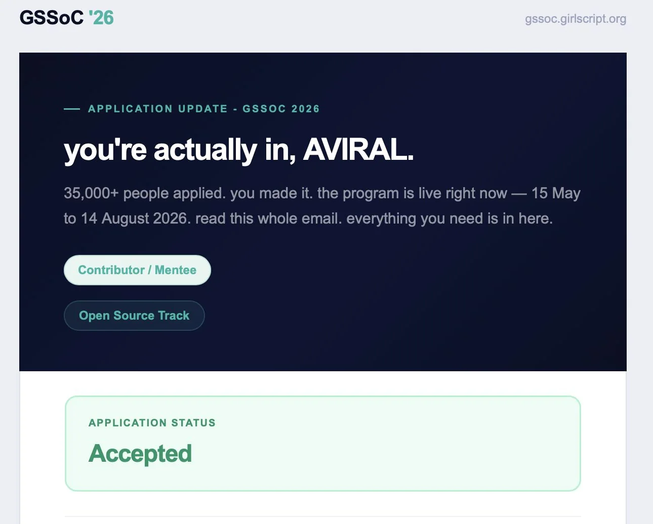 GirlScript Summer of Code 2026 contributor acceptance for Aviral Singh