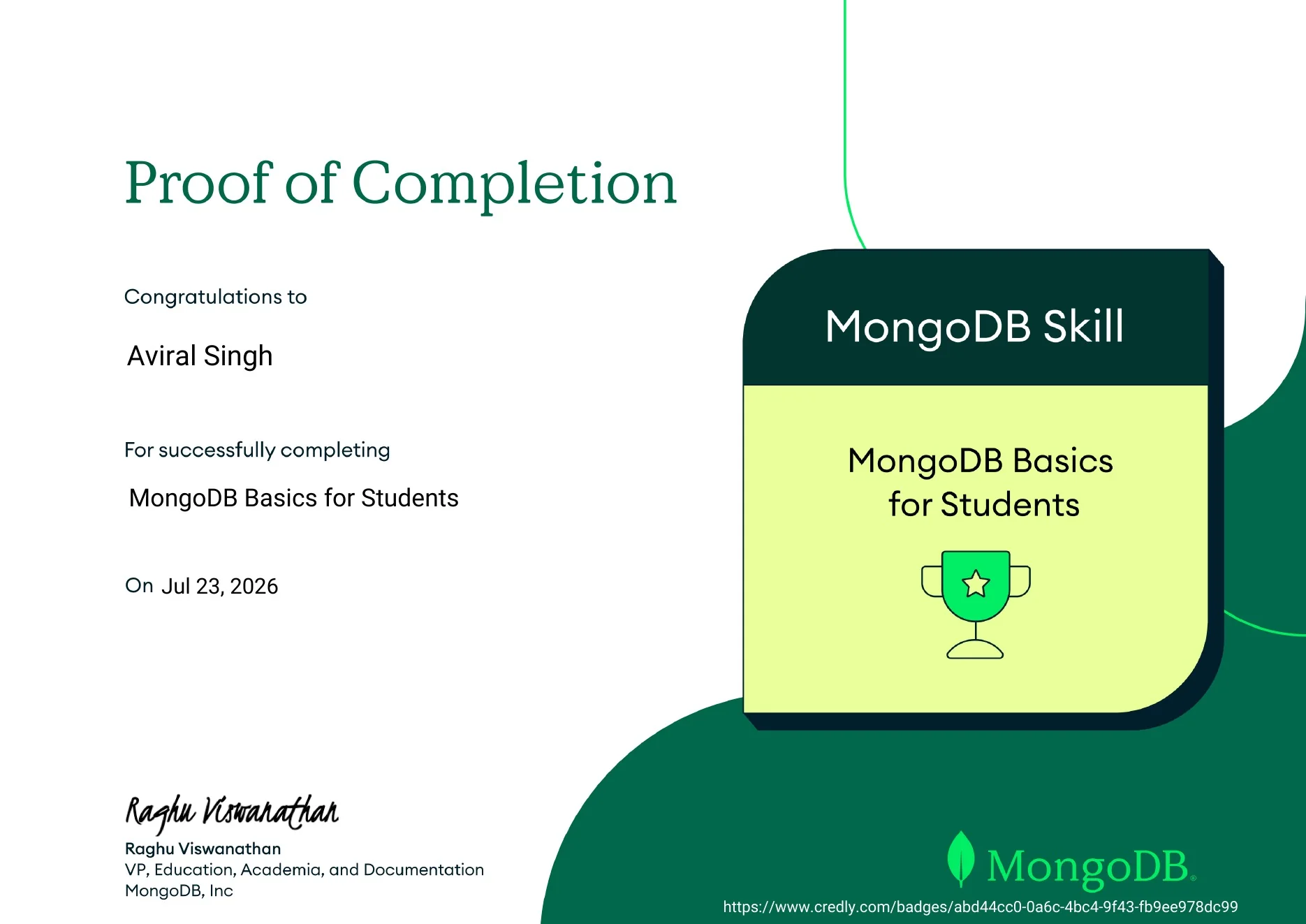 MongoDB Basics for Students certificate awarded to Aviral Singh