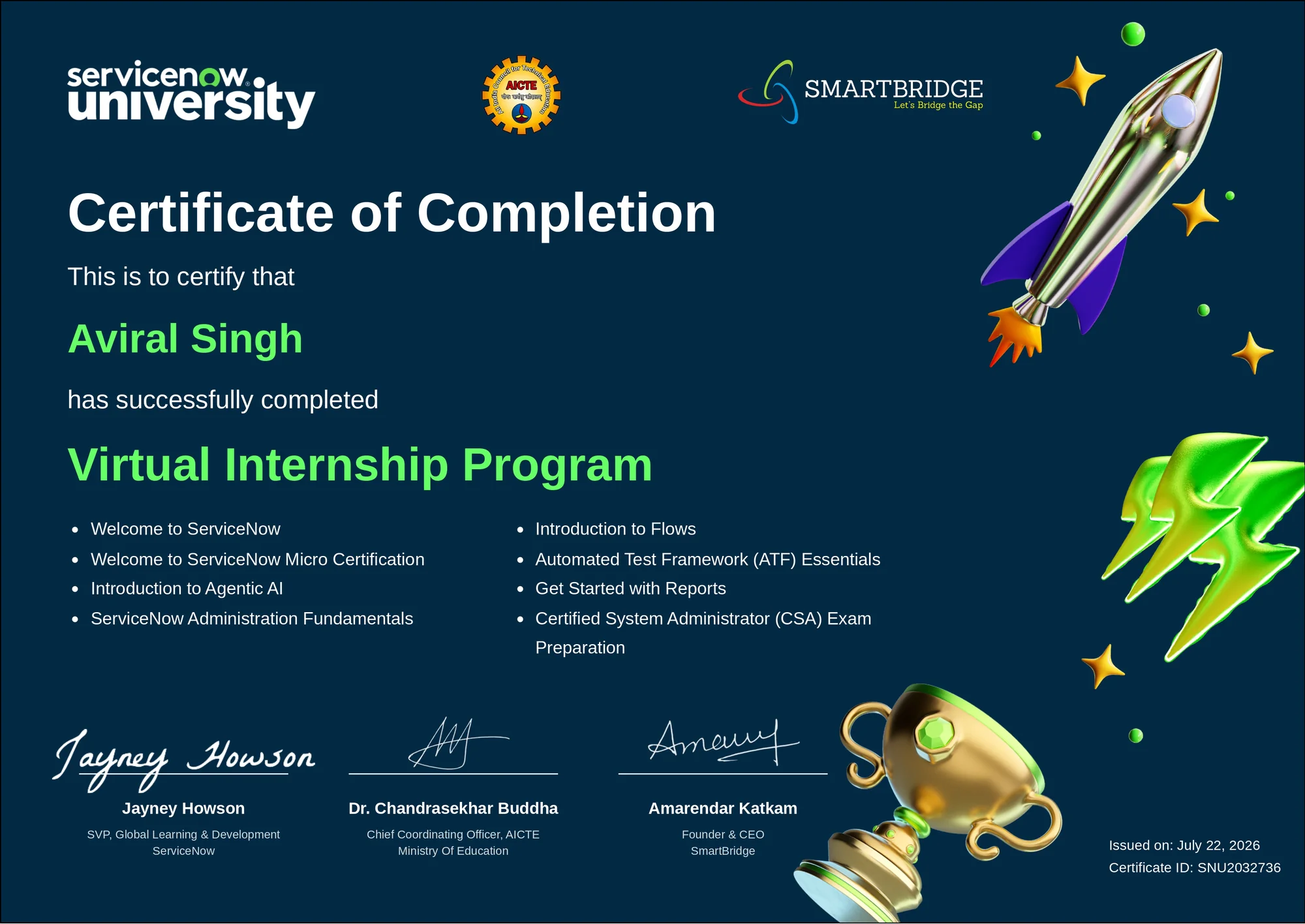ServiceNow Virtual Internship completion certificate awarded to Aviral Singh