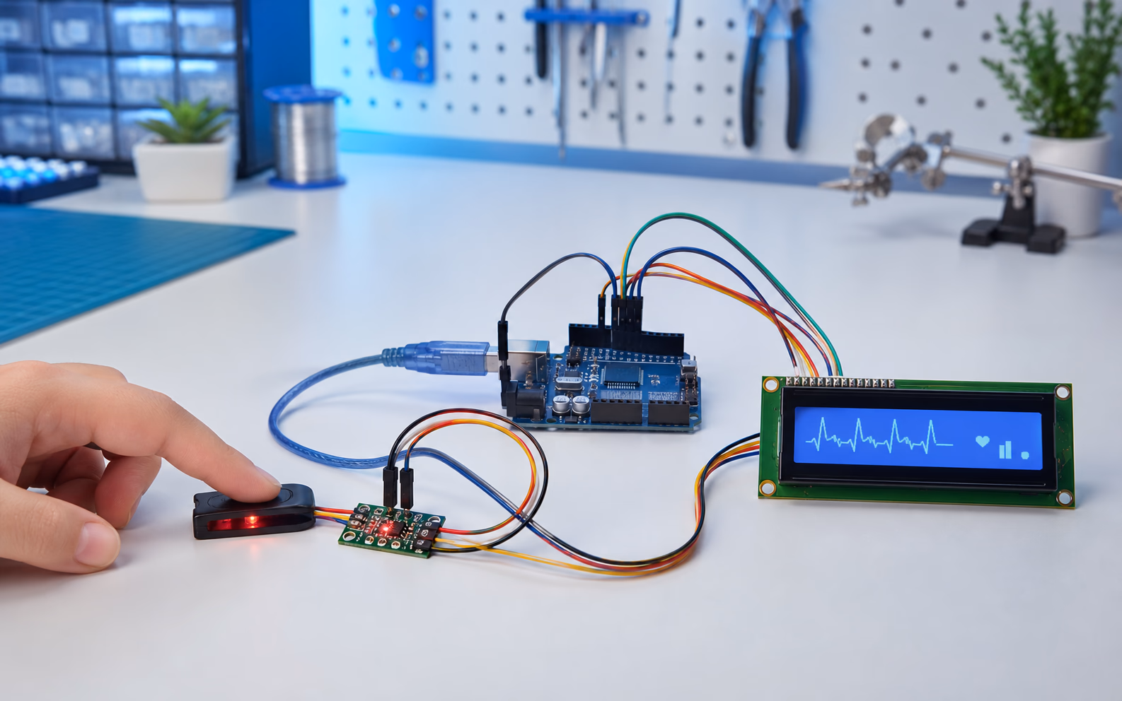 Arduino pulse oximeter circuit displaying health readings on an LCD